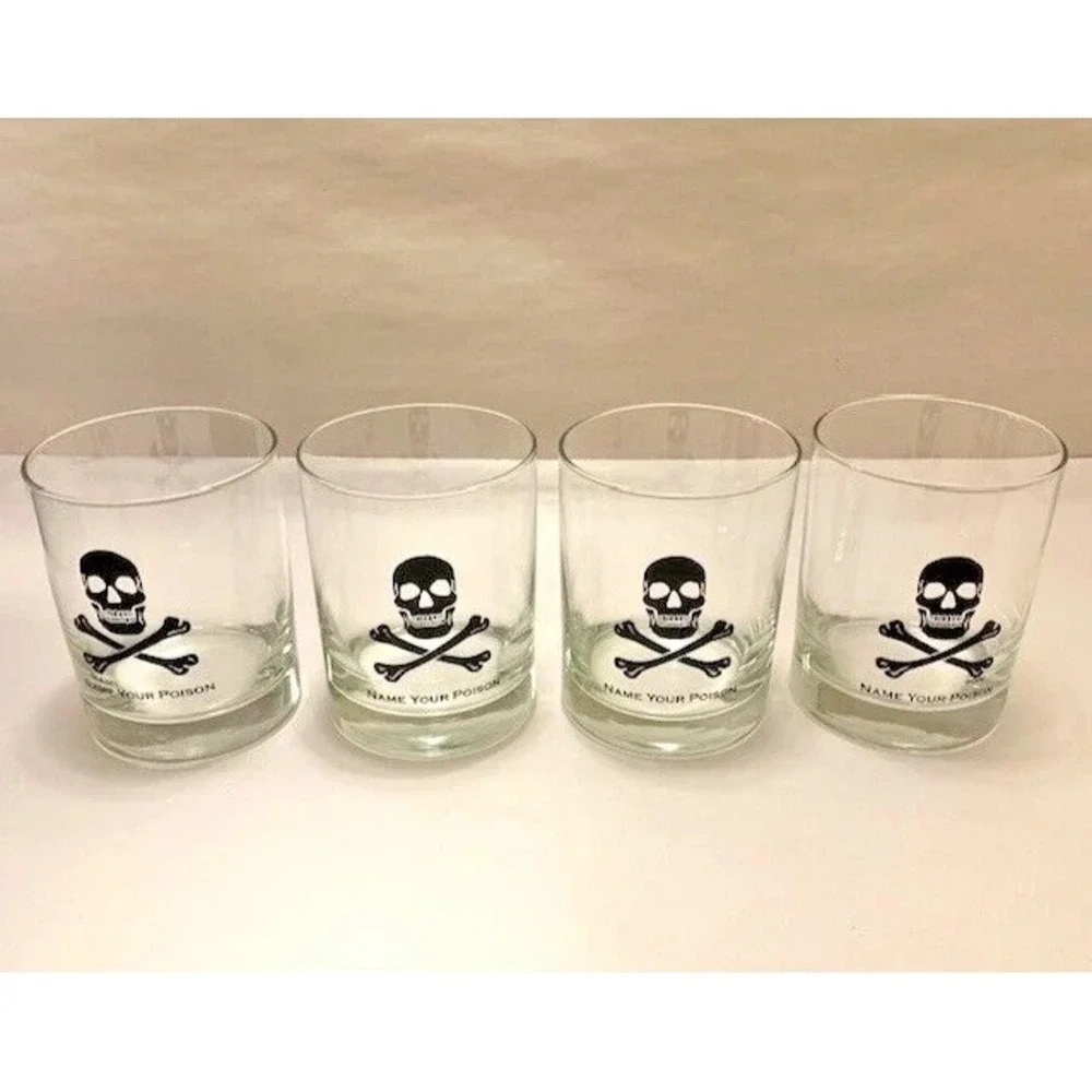 Halloween Skull Crossbones Name Your Poison Rocks Glass VTG MCM Glasses Set 4PC